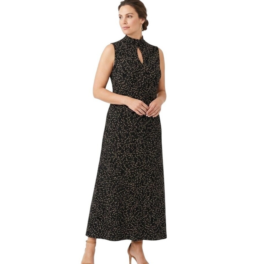 Coldwater Creek Maxi Dress Womens 14 Black Tan Leaf Vine High Neck Keyhole Vtg